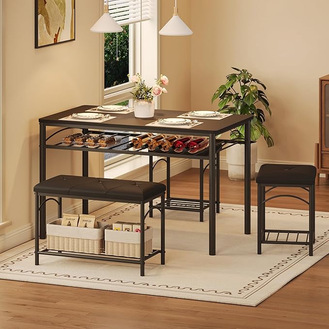 GarveeHome Dining Table Set for 4 with Upholstered Benches and 2 Stools, Modern Space Saving Kitchen Breakfast Table, Ideal for Small Kitchens, Apartments, Studios, and Compact Living Spaces - Image 4