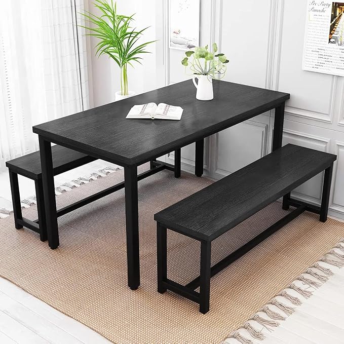 Recaceik Dining Table Set for 4 Kitchen Dining Room Set with 2 Dinner Benches, Farmhouse Breakfast Table for Apartment Small Space, Easy Assembly - Image 2