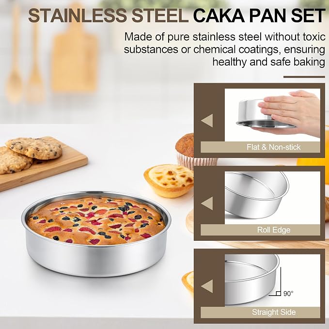 Homikit Round Cake Pan Set of 2, 8 Inch Stainless Steel Baking Layer Cake Pans, 2” Non Toxic Healthy Deep Nonstick Cake Tins, Leak-proof & Easy Releasing, Oven & Dishwasher Safe - Image 3