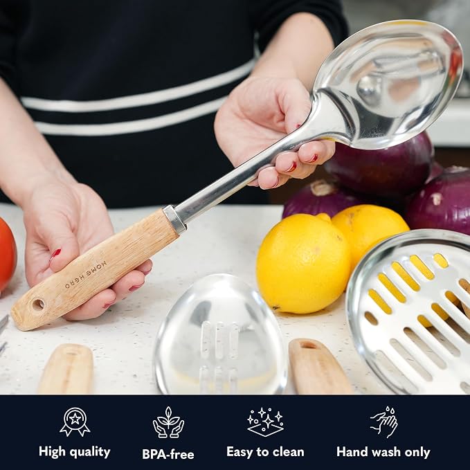 Home Hero 10-Piece Stainless Steel Kitchen Utensil Set with Wooden Handle | Ergonomic Wood Handle Stainless Steel Kitchen Utensils - Rust-Resistant, Nonstick Safe with Storage Holder (10-Piece) - Image 5