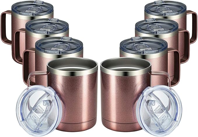 MEWAY 12oz Coffee Mug With Handle 8 Pack Bulk,Stainless Steel Insulated Travel Tumblers With Sliding Lid,Double Wall Vacuum Camping Cup for Hot & Cold Drinks Tea (Rose Gold,Set of 8) by MEWAY