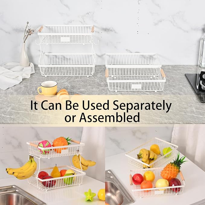 2 Tier Detachable Fruit Basket Bowl with 2 Banana Hangers, Fruit Stand Holder for Kitchen Countertop, Metal Wire Vegetable Storage Organizer, for Bread Snack Veggies Produce, White - Image 4