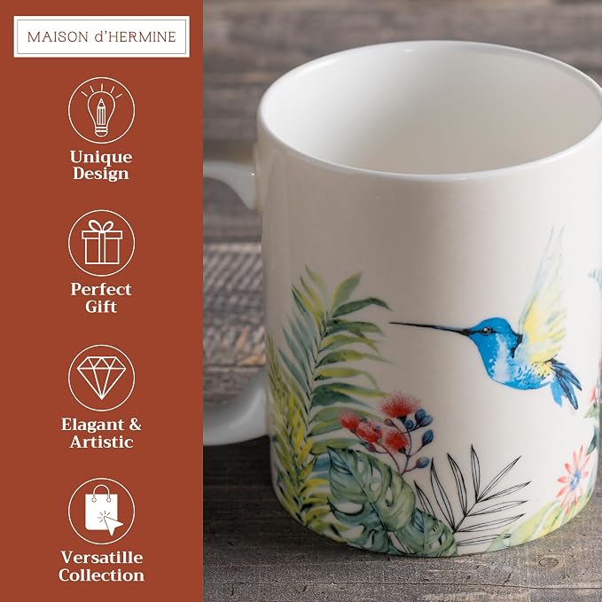Maison d' Hermine Coffee Mug with Handles Tea Cups (12 Ounce, Pack of 1) | Fine Bone China Coffee Mugs for Hot Beverages Cappuccino Latte Home Restaurant Hotel Spring Summer -Tropiques - Hummingbird - Image 2