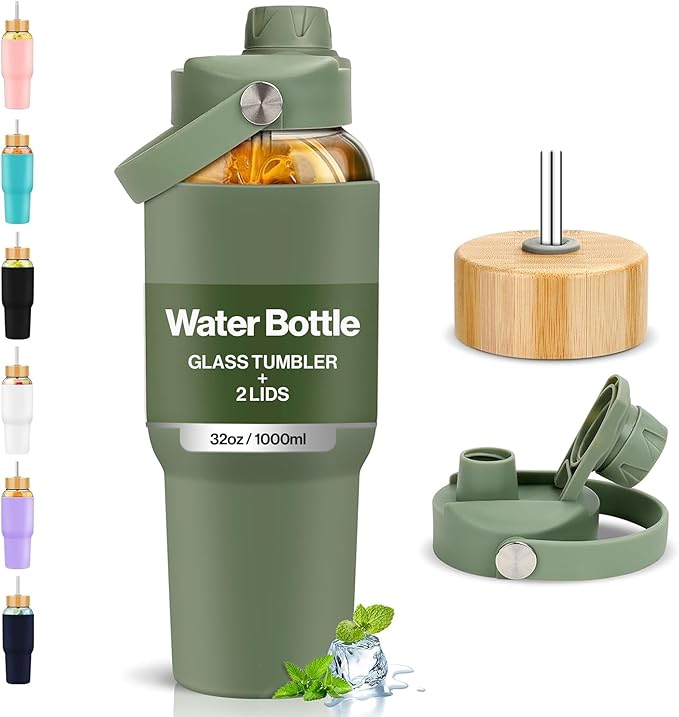 PROBTTL Glass Water Bottles 32 oz, 1 Liter Glass Tumbler, Borosilicate Water Bottle with Straw, Silicone Sleeve, 2 Lids - Handle Spout & Bamboo Straw Lid, Fits Car Cup Holder