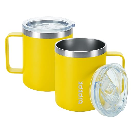 BJPKPK 2PCS Insulated Coffee Mug with Lid, 14oz Stainless Steel Tumbler | Travel Coffee Mug with Handle, Vacuum Insulated Tumbler Cup for Camping, Office, Home, BPA Free Lid, Hot & Cold by BJPKPK
