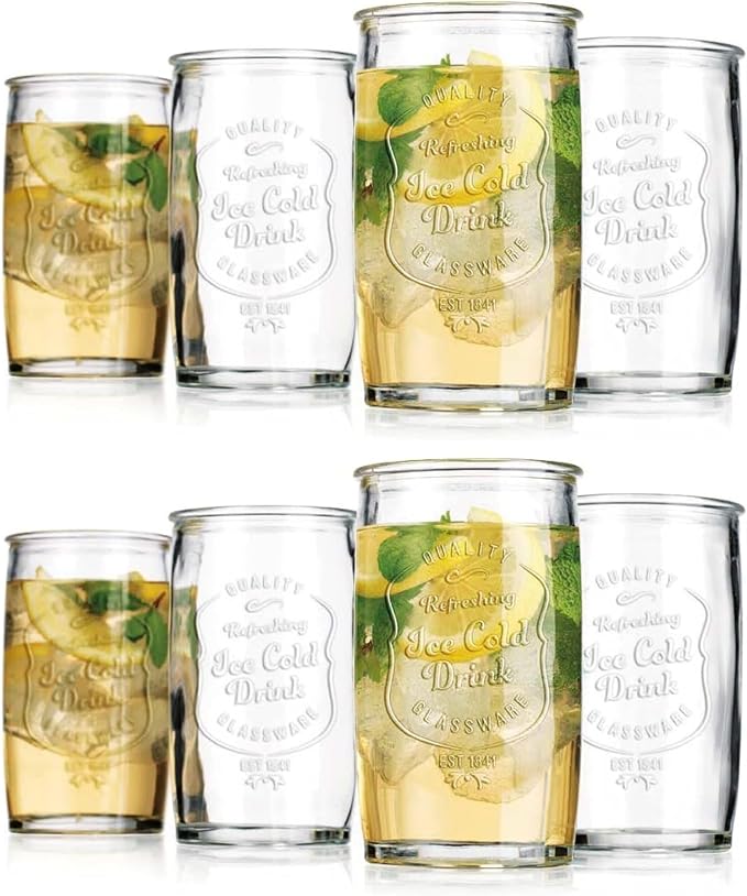 Glaver's Set of 8 Highball Glass Cups 20 OZ Stemless Tall Drinking Glasses For Everyday Use, Vintage Ice Cold Logo Tumbler Glassware for Bar, Juice, Cocktails, Beer, Water glasses. - Image 8