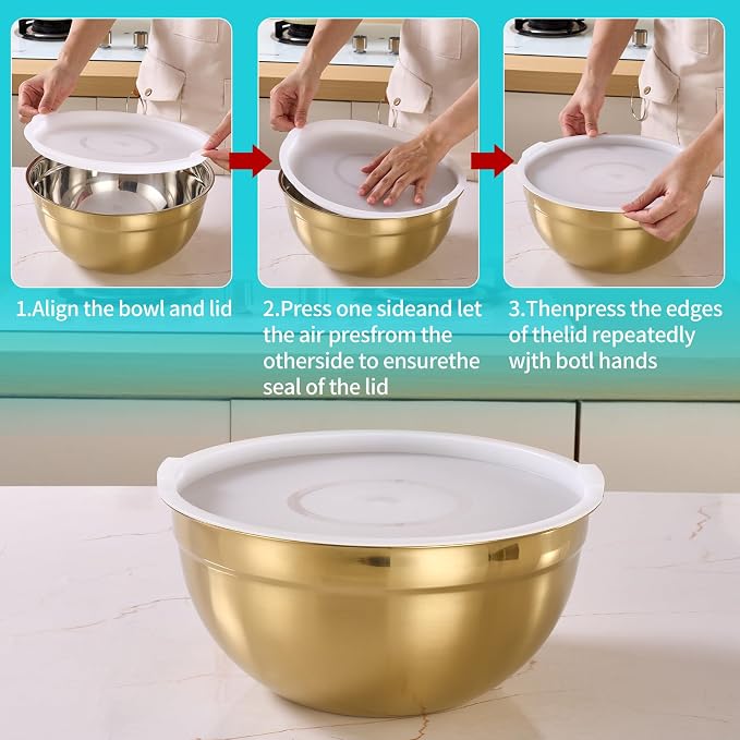 6 Piece Gold Mixing Bowls Set With Lids for Kitchen - Stainless Steel Ideal for Baking, Prepping, Cooking and Serving Food - Nesting Metal Bowls for Space Saving Storage - Image 3