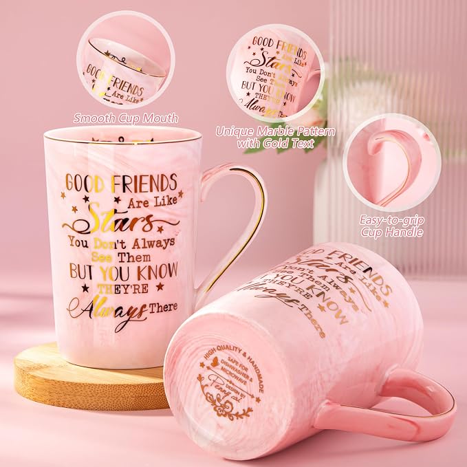 Best Friend Birthday Gifts for Women, Valentines Friendship Gifts for Women | Good Friends are Like Stars - Funny 14Oz Pink Ceramic Gold Print Mug, Presents for BFF, Sisters, Besties, Nice Gift Boxed - Image 3