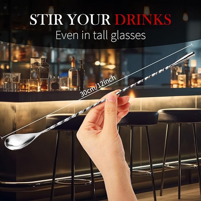 Boao 8 Pcs 12 Inch Cocktail Spoon Coffee Spoons Bar Stirring Spoon Long Handle Stainless Steel Cocktail and Coffee Mixing Tool for Homemade Barista/bartender (Silver)