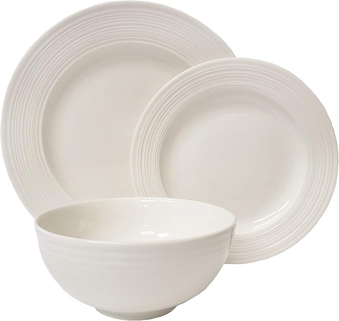 TTU Tabletops Gallery Embossed Bone White Porcelain Round Dinnerware Collection- Chip Resistant Scratch Resistant, Contempo 12 Piece Dinnerware Set (Dinner Plate, Salad Plate, Cereal Bowl) by TabletopsGallery