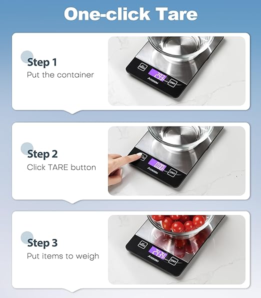 Atogou 1g/ 33lb Food Scale, Rechargeable Kitchen Scale with Full-View Backlit LCD Display, Stainless Steel Surface, USB Charging or AAA Batteries (not Included), for Baking, Cooking, Food Grey