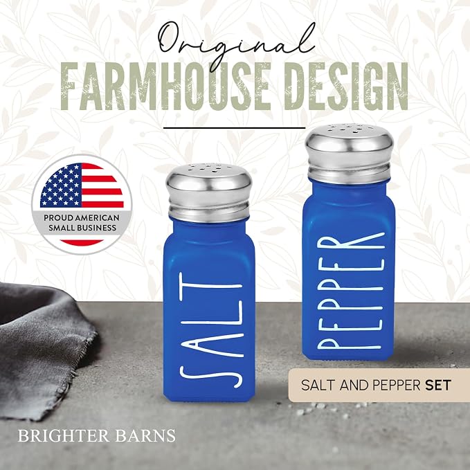 Blue Salt and Pepper Shakers Set by Brighter Barns - Cute Glass Shakers with Stainless Steel Lids - Modern Farmhouse Kitchen Decor and Accessories for Home, Restaurants, Hotel, Vacation Rental (Blue) - Image 4
