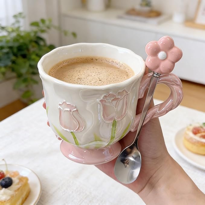 Ceramic Coffee MugEspresso Cup 14oz Pink Cute Flower withSpoon | novelty coffee mug，Glazed Ceramic Smooth Glossy Surface Lead ，Comes with Matching Spoon ，cute mugs for women - Image 4