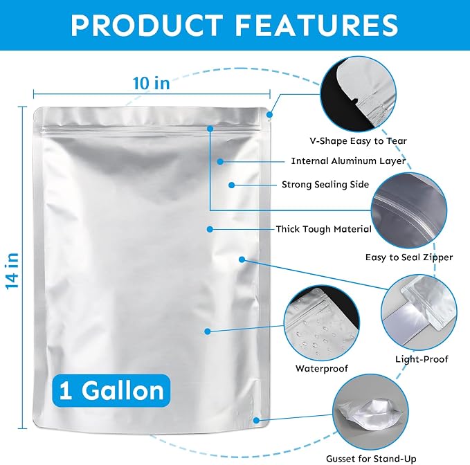 Mylar Bags 1Gallon 100PCS 14"X10" for Food Storage with Oxygen Absorbers&Labels,10Mil Thick Resealable Zipper&Heat Sealable Stand Up Bags for Long Term Food Storage,Dried Food,BPA Free - Image 2