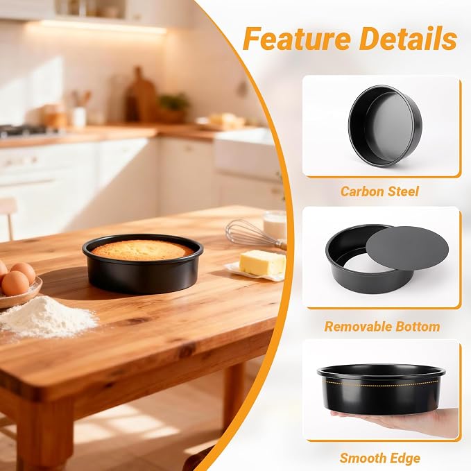 Beasea Round Cake Pans, 3 Pack 8 Inch Carbon Steel Round Cake Pan with Removable Bottom, Nonstick Baking Mold Tin for Cheesecake - Image 3