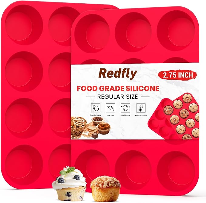 Redfly 2 Pack Silicone Muffin Pans for Baking & Cupcake Pan - 12 Cup Regular Size Silicone Molds, BPA Free Egg Bites Mold by Redfly