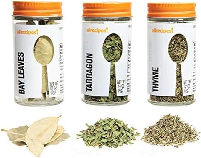 Allrecipes Taste of France (Bay Leaves, Tarragon, Thyme) in Glass Jars with Removable Sifter Caps for Sprinkling, Set of 3 by Allrecipes