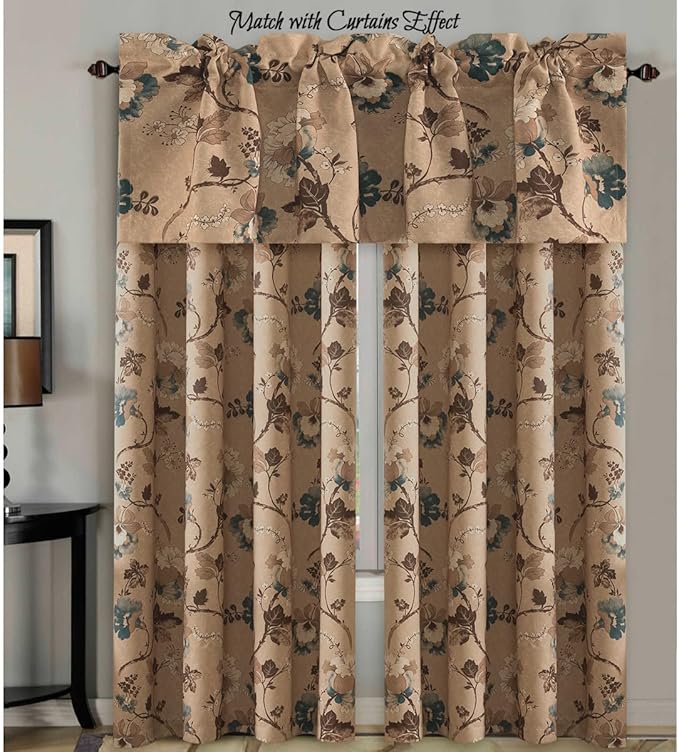 H.VERSAILTEX Blackout Curtain Valances for Kitchen Window/Living Room/Bathroom Privacy Added Rod Pocket Home Decoration Winow Valance, 52" W x 18" L, Floral in Brown and Blue - Image 7
