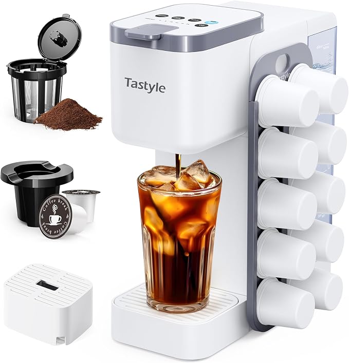 Tastyle Hot & Iced Coffee Maker with Magnetic K-Pod Holder, Fits 7.3'' Mug | Stores 10 Pods, for K Cup & Grounds, Compact for Home, Office & RV， Brew 6-24oz Coffee, 40 oz Removable Tank, K330CH, White by Tastyle