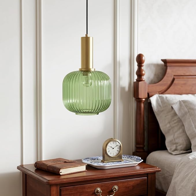 KCO Small Brushed Brass Gold 7.9” Vintage Green Ribbed Glass Pendant Light | E26 Base, Mid Century Modern Adjustable Hanging Light Fixture for Sloped Ceiling Kitchen Island Sink Bedroom Dining Hallway - Image 5