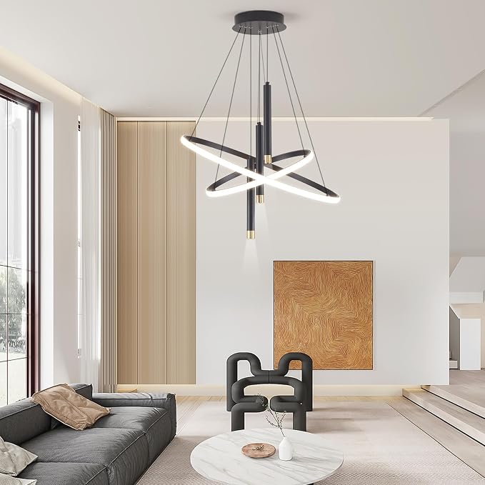 ORANOOR LED Black Modern Chandeliers, Dimmable 24inch Kitchen Pendant Light | Dining Room Light Fixtures Ceiling Hanging Over Table, 2 Ring Round Chandelier for Bedrooms Living Room, LED Pendant Lamp 75W - Image 8