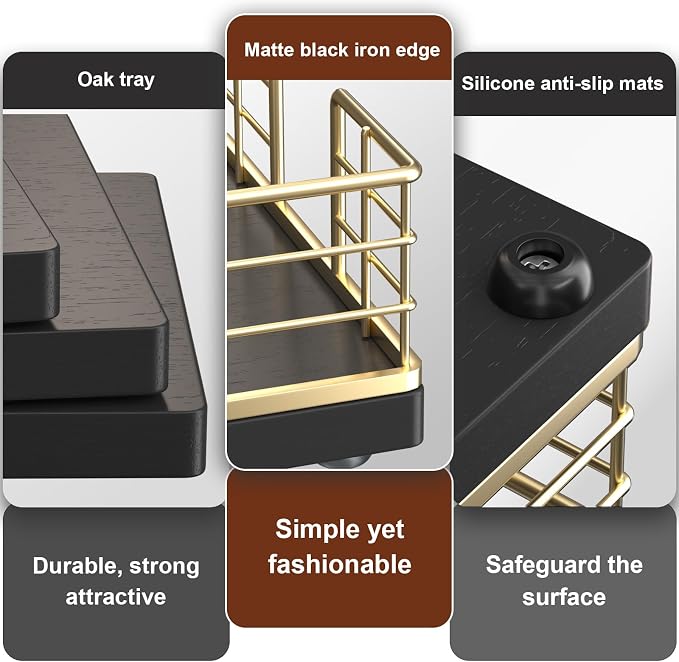 Wican Guest Towel Holder Tray for Bathroom, Oak and Iron Napkins Holder | Powder Room Dining Table Wooden Basket for Disposable Paper Hand Towels, Gold and Black - Image 4