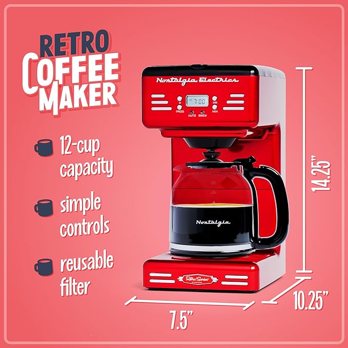 Nostalgia Retro 12-Cup Programmable Coffee Maker With LED Display, Automatic Shut-Off & Keep Warm, Pause-And-Serve Function, Red - Image 2