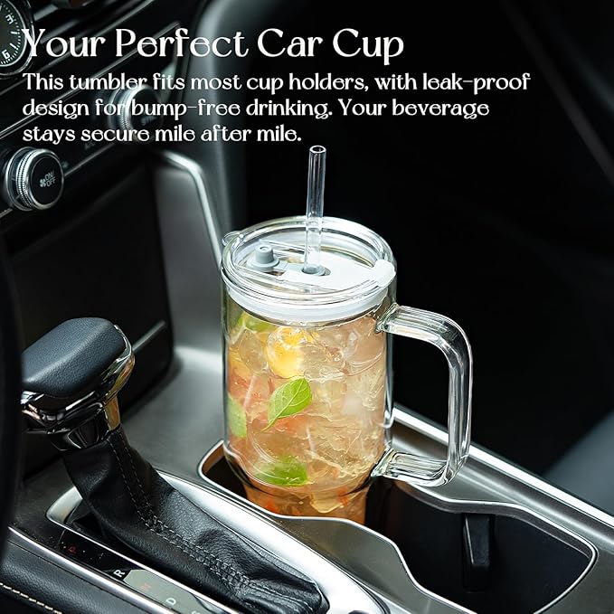 KEMORELA 2 Pack 28oz Double Wall Glass Tumblers with Handle, Lids & Straws – Large Insulated Clear Borosilicate Glass Cups for Iced Coffee, Smoothies, Bubble Tea & Cold Beverages