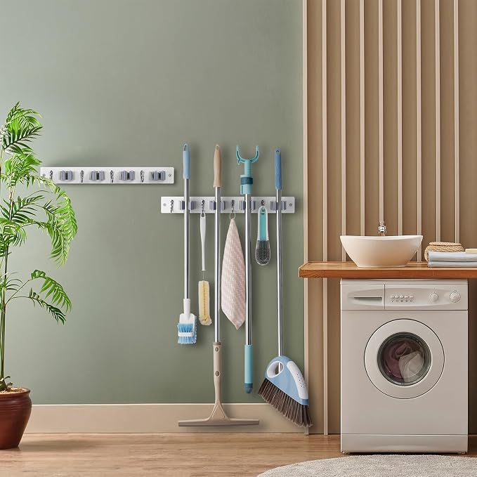 OUTNILI 2 Pack Mop Broom Holder Wall Mount - White Wood Broom Mop Hanger - Wall Mounted Garden Tool Rack Organizer for Closet Garage Laundry Room, 4 Slots & 4 Hooks - Image 5