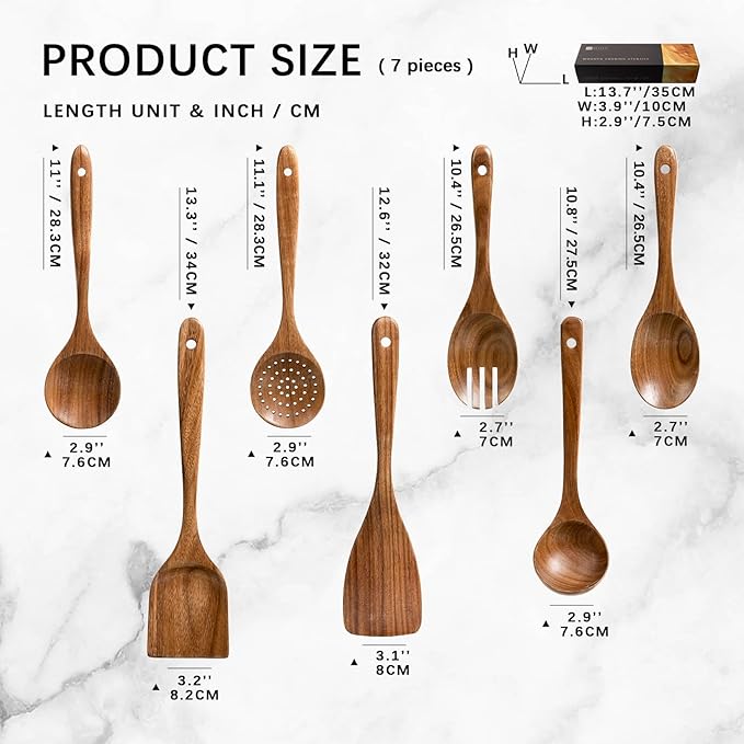 Wooden Spoons for Cooking, 7-Piece Acacia Wood Cooking Utensil Set | Spoons and spatulas stir, mix, flip and serve; balanced handles offer control while staying gentle on nonstick cookware. - Image 2