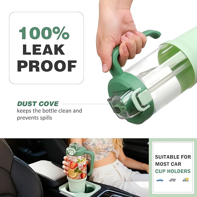 32 oz Glass Tumbler with Handle, 2-in-1 Straw and Sip Spout, Leakproof, BPA-Free Glass Water Bottle for Sports, Office, School, Light Green