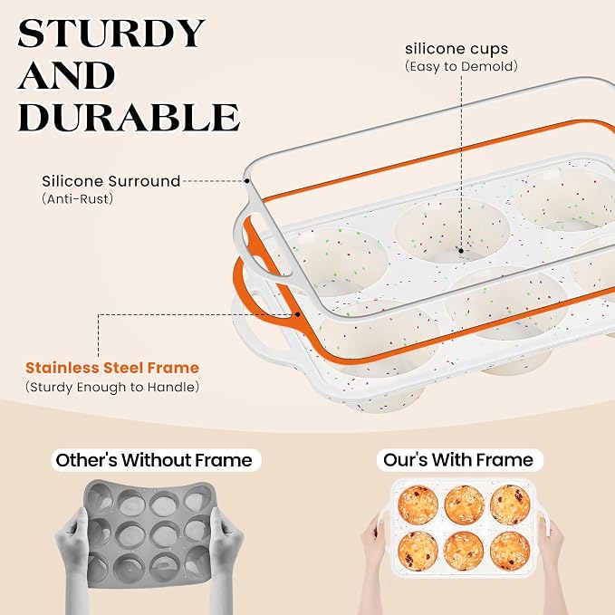 2 Pcs Jumbo Muffin Pan with Metal Frame Nonstick 6 Cup Extra Large Silicone Cupcake Pan for Baking, Deep Jumbo Muffin Tray for Egg Bites Muffins, Confetti Color Cream Gifts for Mom Home Baker - Image 3
