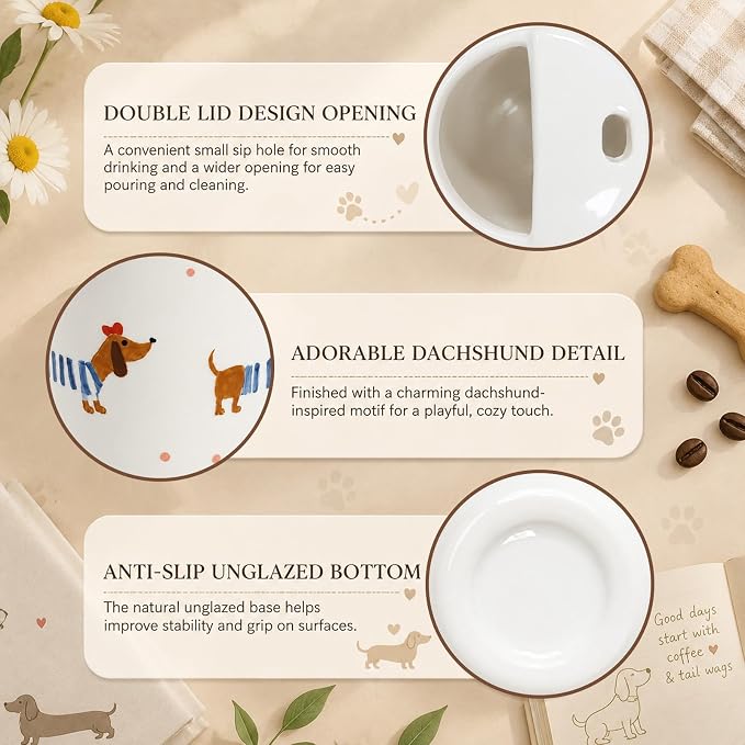 Ceramic Travel Coffee Mug 12 OZ, Cute Dachshund Pattern Coffee Cup, Handmade Style Ceramic Coffee Mug with Sip Hole for Women Men, Office Home Kitchen Gift - Image 5