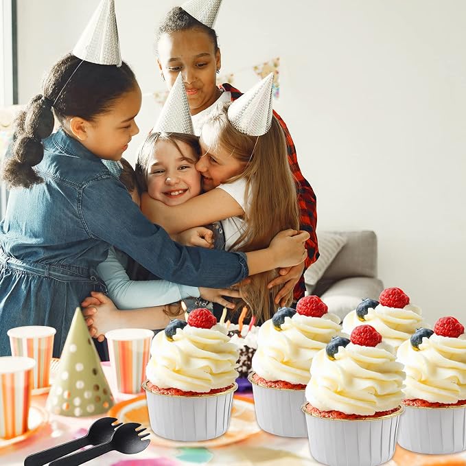 LNYZQUS 5.5 Oz Foil Cupcake Tins Baking Cups, Disposable Ramekins Muffin Tins, Large Cupcake Cups with Spoons-White in Gold - Image 7