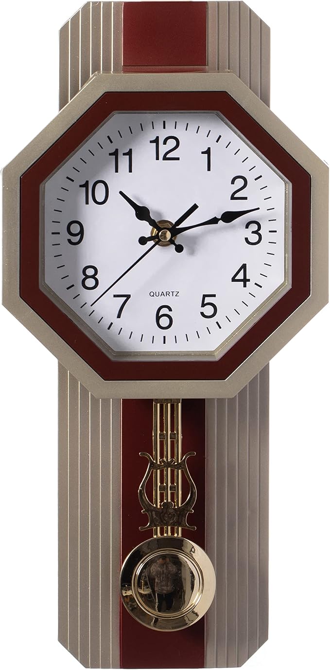 Clockswise Traditional Beige Round Wood- Looking Pendulum Plastic Wall Clock for Living Room, Kitchen, or Dining Room by Clockswise