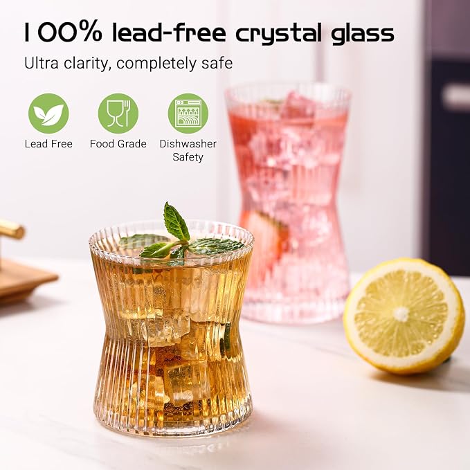 JOVGANK Drinking Glasses Set of 8 – Lead-Free Crystal Glassware, 4 Tall 10oz & 4 Short 8.5oz Vintage Ribbed Tumbler Glasses, Dishwasher Safe, for Juice Beer Cocktails, Great Housewarming Gift, Set B - Image 4