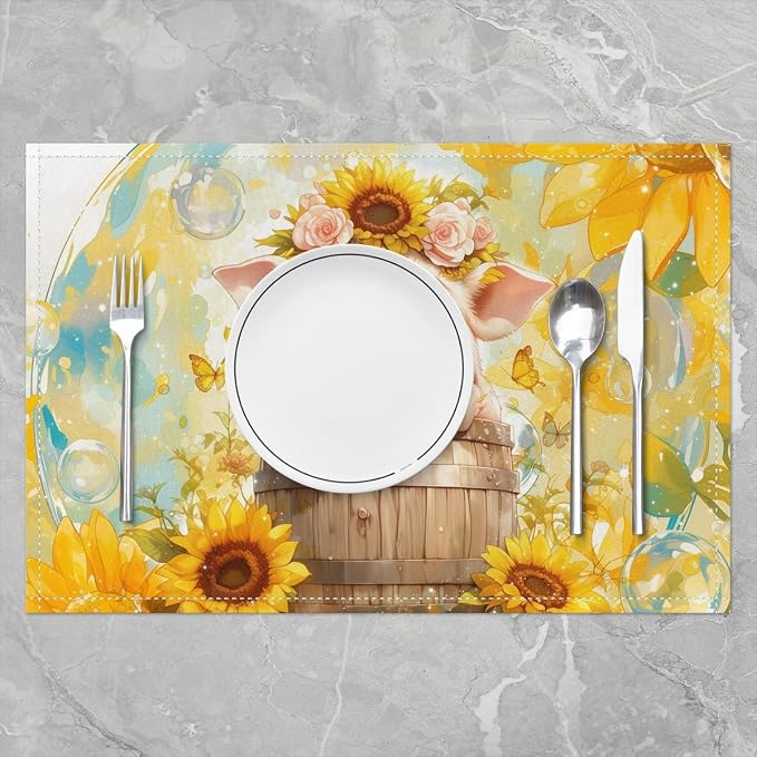 Feelyou Pig Placemats Set of 4 12"x18" Cartoon Pigs Placemats for Dining Table Indoor Outdoor Kitchen Lovely Animal Table Mats Placemat Farm Animal Decor Table Place Mats Sunflower - Image 2
