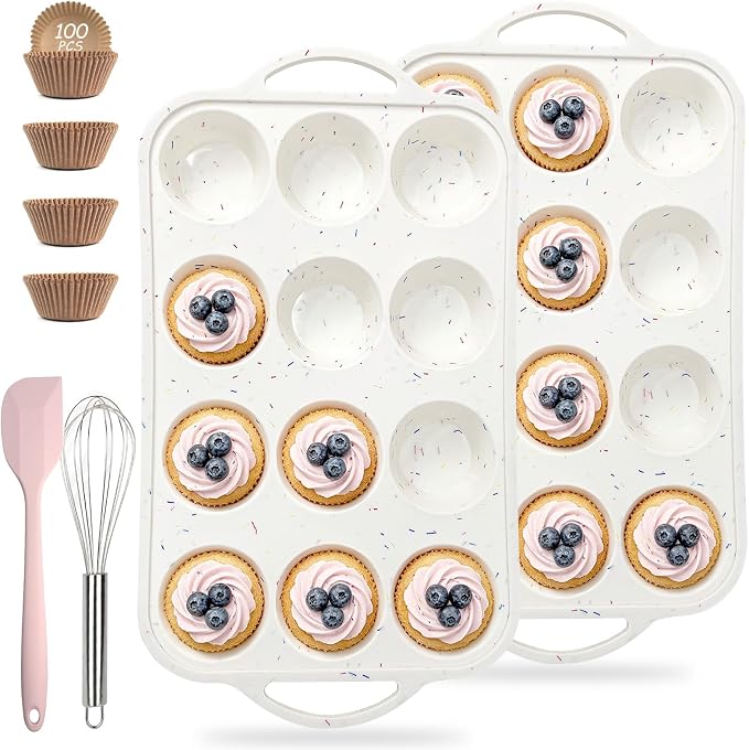 2 Pack Silicone Muffin Pans, 12 Cup Cupcake Pan with Metal Reinforced Frame | 3 Baking Tools Included, Nonstick Molds for Homemade Muffins, Cupcakes, Egg Bites, Oven & Dishwasher Safe by Unknown