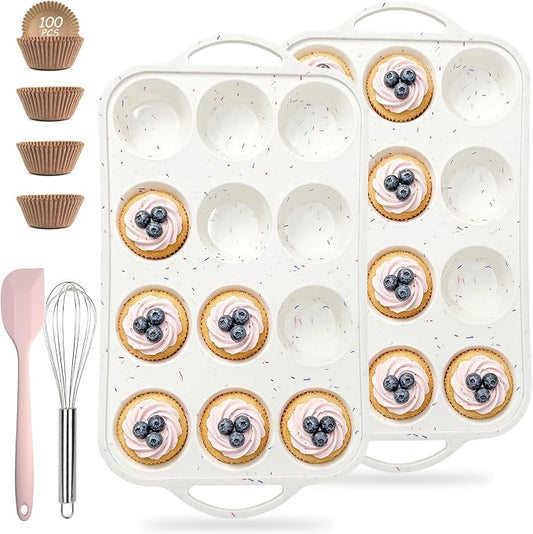 2 Pack Silicone Muffin Pans, 12 Cup Cupcake Pan with Metal Reinforced Frame | 3 Baking Tools Included, Nonstick Molds for Homemade Muffins, Cupcakes, Egg Bites, Oven & Dishwasher Safe by Unknown