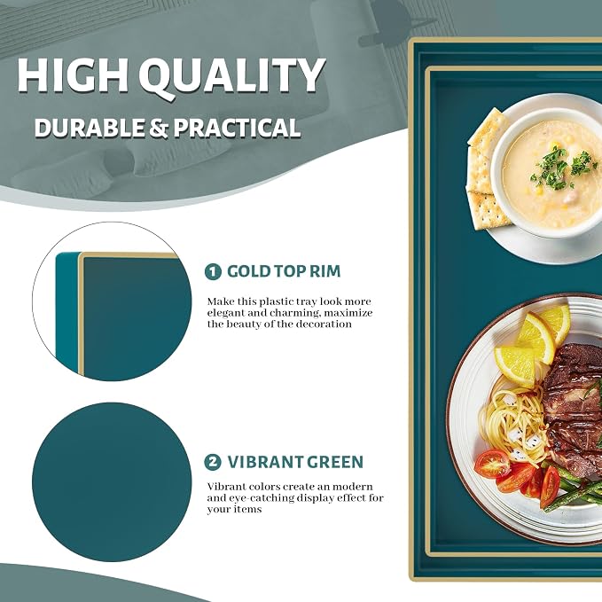 MAONAME Green Serving Tray with Handles, Plastic Decorative Tray Set of 2 | Decorative Tray for Coffee Table, Modern Ottoman Tray, Rectangle Melamine Tray for Living Room, 15.8"L x 10.2"W x 1.4"H - Image 3