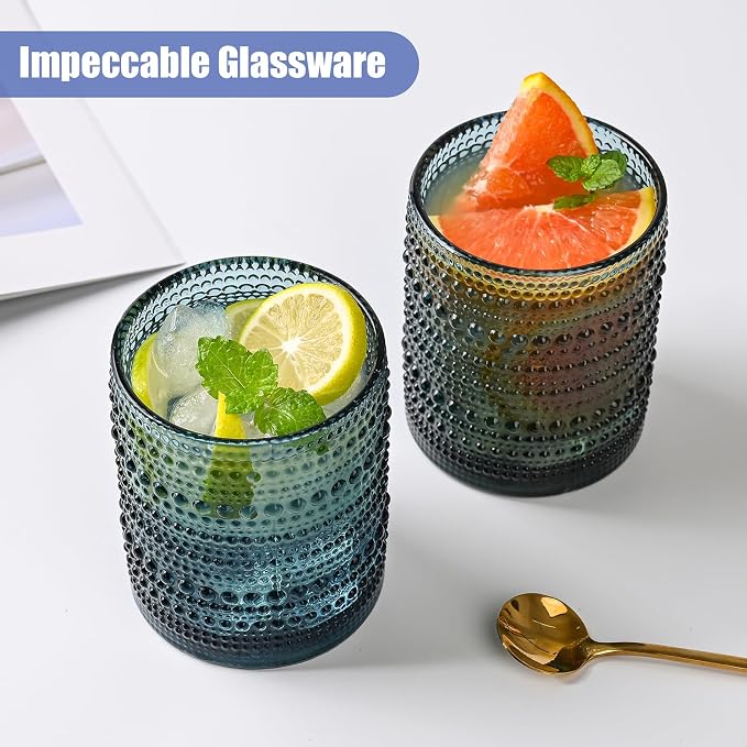 ZMOWIPDL Drinking Glasses Set of 6,12oz Blue Hobnail Glass Cups | Vintage Glassware，Embossed Water Tumbler,for Beer,Cocktail,Whiskey,Juice and Various Mixed Drinks- 1 Cleaning Brus - Image 4