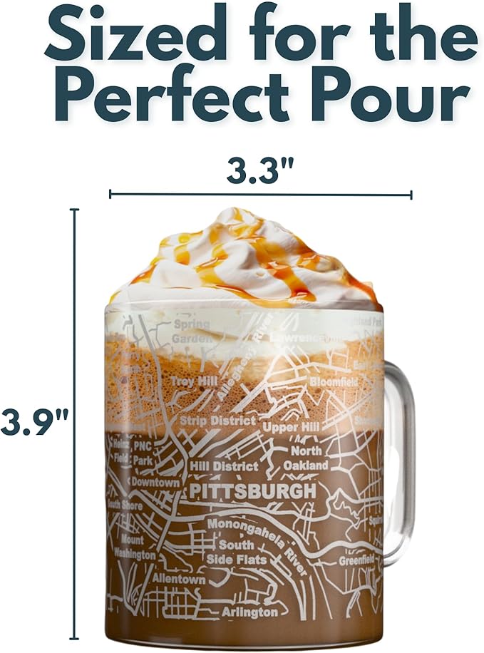 Greenline Goods – Pittsburgh, PA Map Glass Coffee Mugs (Set of 2), 16 oz – Etched Wrap Design