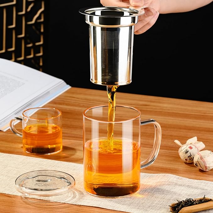 PARACITY Tea Cup, Borosilicate Clear Tea Mug with Removable Stainless Steel Infuser and Lid, Tea Cup 15oz/450ml Stove Safe, Glass Teas Cups for Loose Tea, Gift for Family and Friends