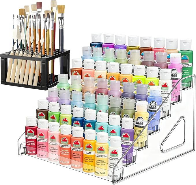 Clear Paint Organizer With Brush Holder, 7 Layers Acrylic Paint Organizer Storage Rack, Craft Rack Miniature Holder Storage, Size for Small tube and jars