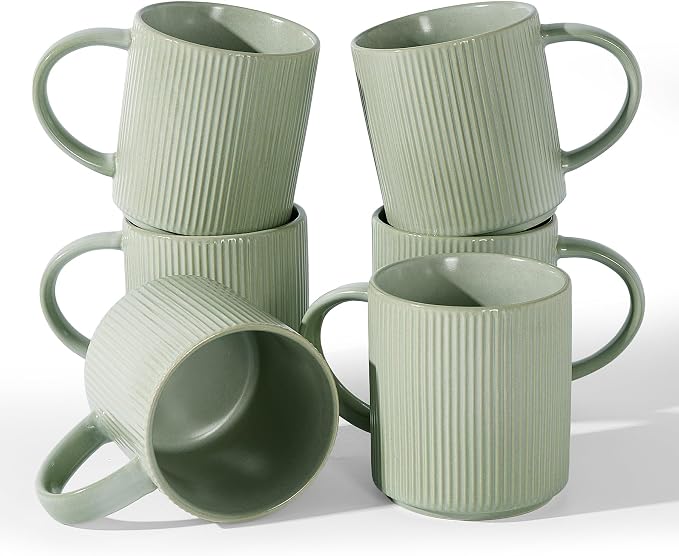 famiware Coffee Mug Set for 6, Star 16 oz Catering Mugs Cup Set with Handle for Coffee, Tea, Cocoa, Milk - Ceramic Stoneware Drinkware Set, Matte Green by Famiware