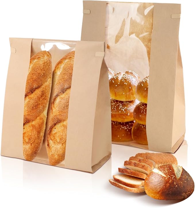 100 Pack Paper Bread Loaf Bakery Bags with Window 13.8x8.3x3.5 Inch Kraft Sourdough Bread Baking Bags for Baked Food Packaging Storage by Bakbania