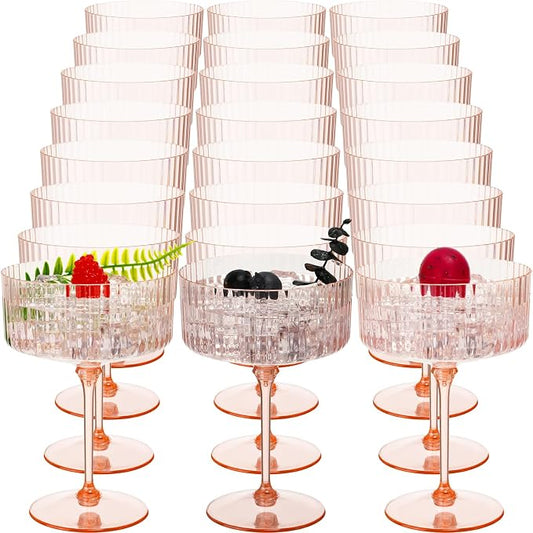 Jingmore 24 Pcs Ribbed Martini Glasses 10 oz Disposable Plastic Vintage Ribbed Coupe Glasses Unbreakable Dessert Parfait Glassware for Wedding Birthday Party Supplies (Champagne Powder) by Jingmore