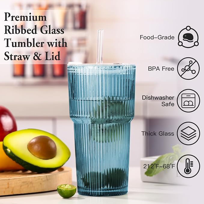 4PCS Blue Ribbed Glass Cups with Lids and Straws, 20oz Vintage Drinking Glasses, Aesthetic Iced Coffee Cups, Glass Tumbler for Boba, Beer, Tea, Cocktails, Blue Ribbed Glassware Set (Blue-4) - Image 2