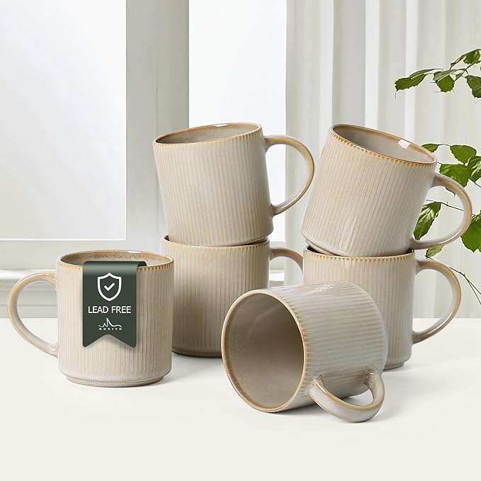 MONITO Coffee Mugs Set of 6, 16 oz Mugs Set, Ceramic Coffee Cups with Large Handles, Suitable for Lattes, Hot tea, Cappuccinos, Mochas and Cocoa,Bonbon Beige by MONITO