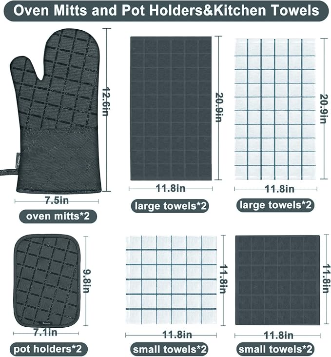 Oven Mitts Pot Holders Sets/Kitchen Towels and Dishcloths,Oven Gloves Kitchen Dish Towels 500 Degree Heat Resistant Potholders with Non-Slip Silicone Surface for Cooking,Grilling,Baking-Deep Green - Image 2